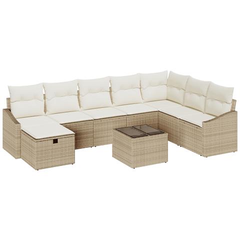 Set di Sofà da Giardino 9 Pezzi con Cuscini Beige Polietilene - Foto 1