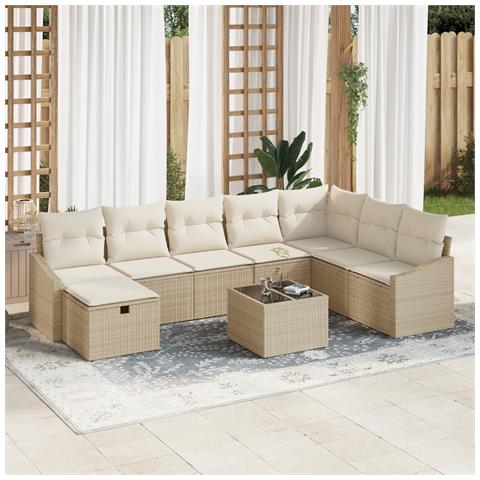 Set di Sofà da Giardino 9 Pezzi con Cuscini Beige Polietilene - Foto 2