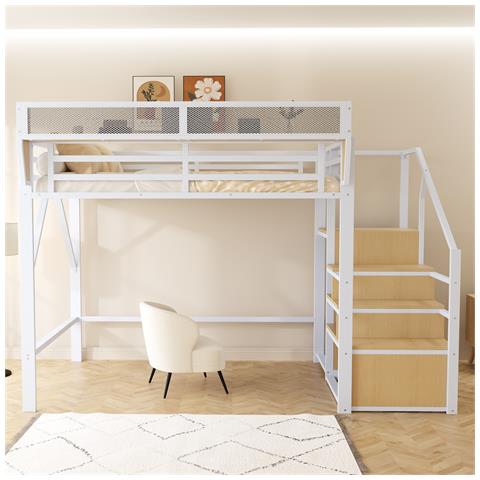 Letto A Soppalco 140x200cm, Con Scala Di Sicurezza E Vano Contenitore Flessibile, Letto In Metallo Per Adulti A Castello Per Bambini, Bianco - Foto 1