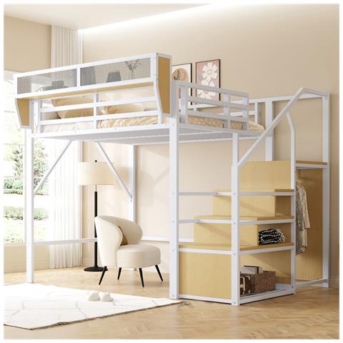 Letto A Soppalco 140x200cm, Con Scala Di Sicurezza E Vano Contenitore Flessibile, Letto In Metallo Per Adulti A Castello Per Bambini, Bianco - Foto 4