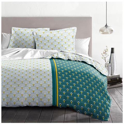 Set Piumone Arcobaleno - 1 Copripiumino 220 X 240 Cm + 2 Federe 65 X 65 Cm - Blu-verde, Curry E Bianco - Foto 1