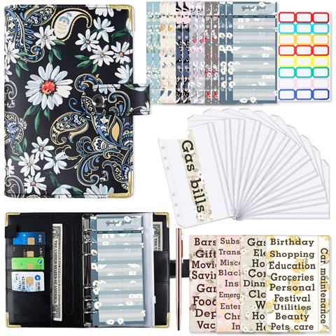 Raccoglitore Per Budget In Pelle Pu A6 Nero Con Margherite E Accessori - Foto 1