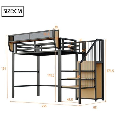 Letto A Soppalco 90x200cm, Con Scala Di Sicurezza E Vano Contenitore Flessibile, Letto In Metallo Per Adulti A Castello Per Bambini, Nero - Foto 2