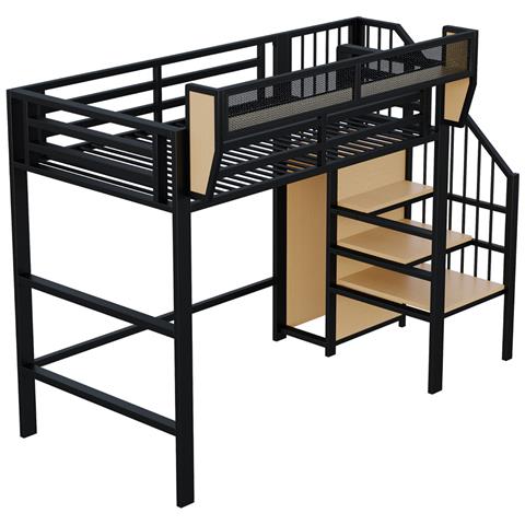 Letto A Soppalco 90x200cm, Con Scala Di Sicurezza E Vano Contenitore Flessibile, Letto In Metallo Per Adulti A Castello Per Bambini, Nero - Foto 4