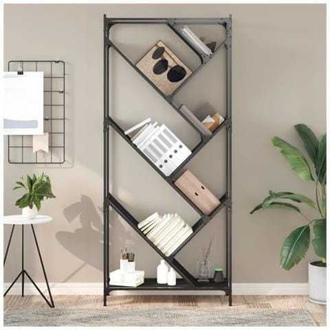 Libreria Nera 79x30x180 Cm In Legno Multistrato E Metallo - Foto 3