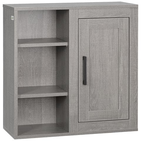 Pensile Bagno Con 3 Ripiani Aperti E Armadietto In Legno Truciolare, 48x20x50cm, Grigio - Foto 1