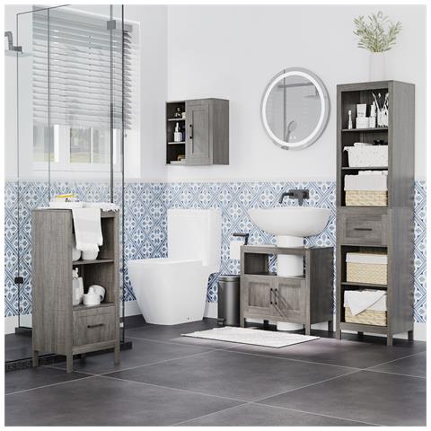 Pensile Bagno Con 3 Ripiani Aperti E Armadietto In Legno Truciolare, 48x20x50cm, Grigio - Foto 2