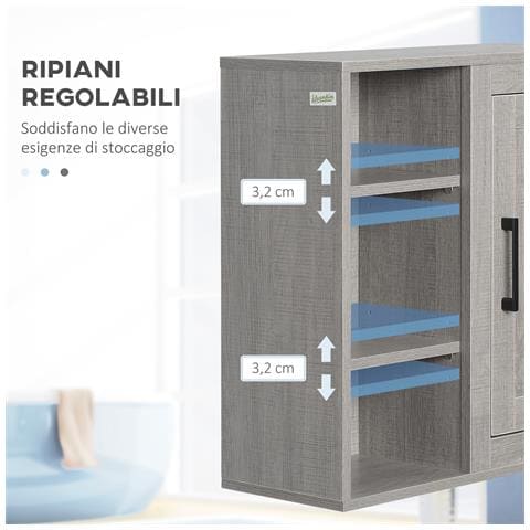 Pensile Bagno Con 3 Ripiani Aperti E Armadietto In Legno Truciolare, 48x20x50cm, Grigio - Foto 6