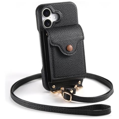Custodia In Pelle Pu Nera Compatibile Con Iphone 16 Plus Con Porta Carte A Fisarmonica, Specchio E Tracolla   Model 3 - Foto 1