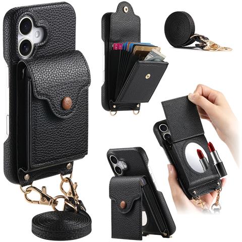 Custodia In Pelle Pu Nera Compatibile Con Iphone 16 Plus Con Porta Carte A Fisarmonica, Specchio E Tracolla   Model 3 - Foto 2