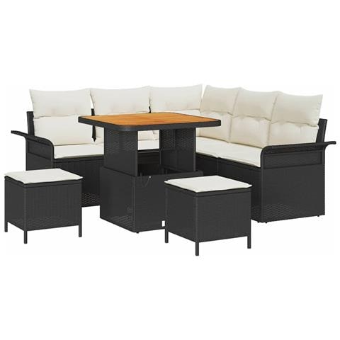 Set da giardino da 8 pezzi con cuscini Nero Polyrattan Acacia,  Divano da giardino a 2 posti con spazio di stoccaggio e cuscini Nero Polyrattan,  Set da pranzo da giardino da 3 pezzi con cuscini Nero Polyrattan Acacia - Foto 1