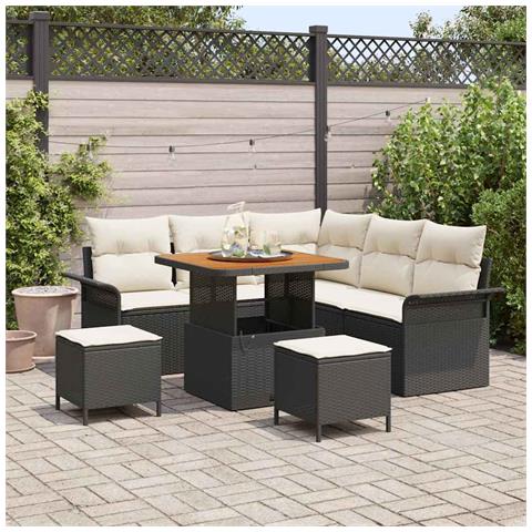 Set da giardino da 8 pezzi con cuscini Nero Polyrattan Acacia,  Divano da giardino a 2 posti con spazio di stoccaggio e cuscini Nero Polyrattan,  Set da pranzo da giardino da 3 pezzi con cuscini Nero Polyrattan Acacia - Foto 2