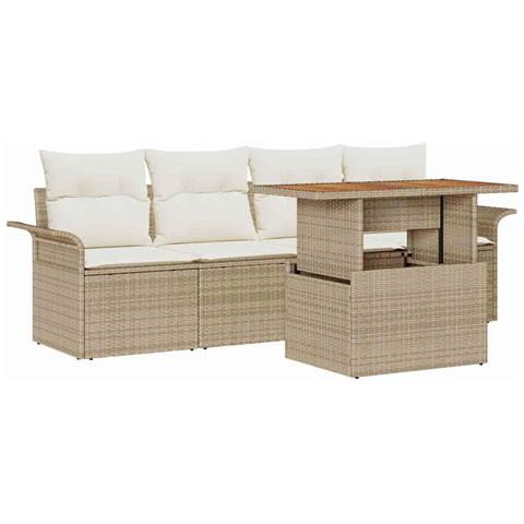 Set Divano da Giardino a 5 Pezzi con Cuscini Beige Rattan Acacia - Foto 1