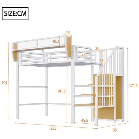 Letto A Soppalco 90x200cm, Con Scala Di Sicurezza E Vano Contenitore Flessibile, Letto In Metallo Per Adulti A Castello Per Bambini, Bianco - Foto 2