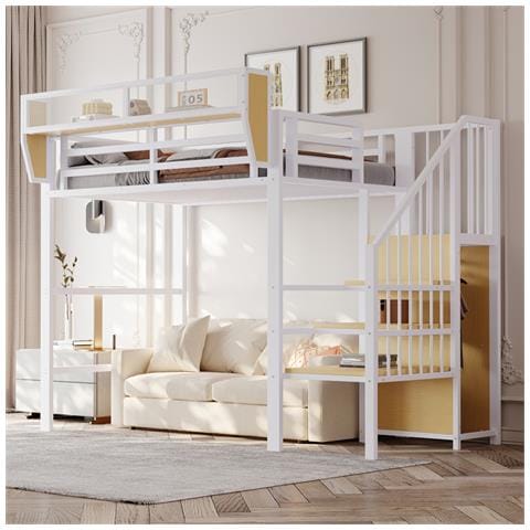 Letto A Soppalco 90x200cm, Con Scala Di Sicurezza E Vano Contenitore Flessibile, Letto In Metallo Per Adulti A Castello Per Bambini, Bianco - Foto 1