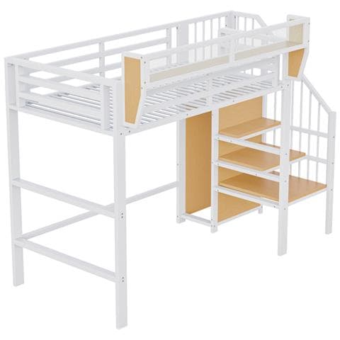 Letto A Soppalco 90x200cm, Con Scala Di Sicurezza E Vano Contenitore Flessibile, Letto In Metallo Per Adulti A Castello Per Bambini, Bianco - Foto 4
