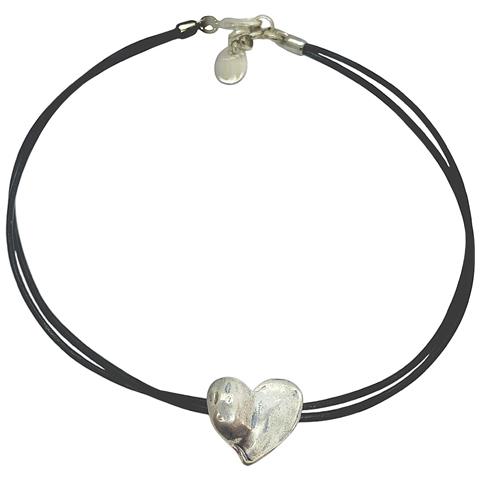 Collana A Forma Di Cuore In Pelle Nera. Placcata Argento. - Foto 1