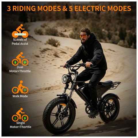 Bicicletta Elettrica Adulti Doppio Motore 250W DK400 Max Batteria Rimovibile 48V 20Ah Autonomia 60-80 km 25km /h Acceleratore a Pollice Shimano 7 Velocità Display LCD 20 Pollici Fat Tire Freni Idraulici Sospensioni Integrali - Foto 2