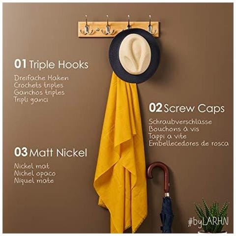 Parete Coat Rack - 4 Matt-nichel Tripla Cappotto Ganci Per Parete Su Elegante In Legno Di Bamb Base - 42 Cm - Tutti Fissaggio Incluso - Foto 4