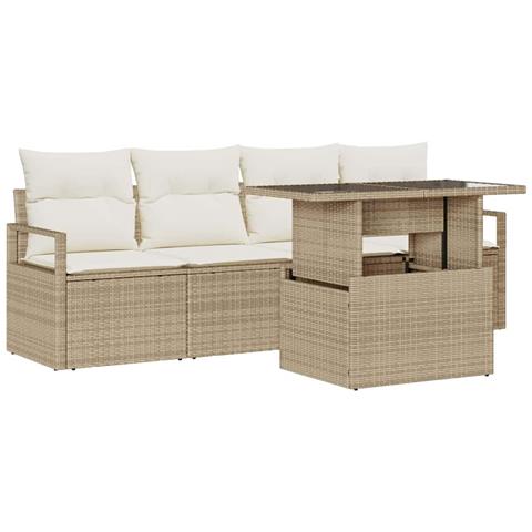 Set Divano da Giardino a 5 Pezzi con Cuscini Beige Rattan Polietilene, Divano da Giardino a 2 Posti con Cuscini Beige Rattan Polietilene - Foto 1