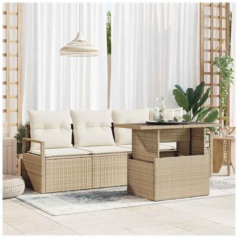Set Divano da Giardino a 5 Pezzi con Cuscini Beige Rattan Polietilene, Divano da Giardino a 2 Posti con Cuscini Beige Rattan Polietilene - Foto 2