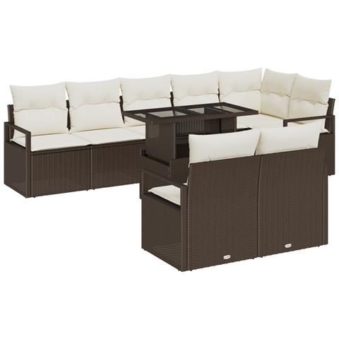 Set Divani da Giardino 9 Pezzi con Cuscini Marrone Rattan Polietilene, Divano da Giardino 2 Posti con Cuscini Marrone Rattan Polietilene - Foto 1