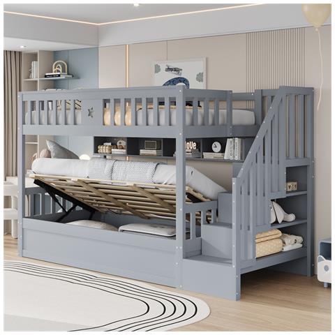 Letto Rialzato 90x200cm, Sotto Letto Idraulico, Con Scaletta E Ripiani, Letto A Castello, Letto Per Ragazzi, Legno Di Pino, Grigio - Foto 1