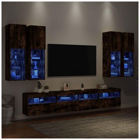 Set Mobili TV a Muro 7 pz con Luci LED Rovere Fumo - Foto 2