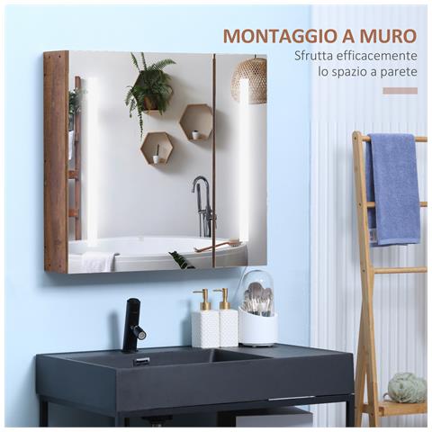 Specchiera Bagno Con Luci Led Regolabili, 2 Ante E Mensola Regolabile, 70x15x65cm, Marrone - Foto 2