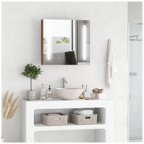 Specchiera Bagno Con Luci Led Regolabili, 2 Ante E Mensola Regolabile, 70x15x65cm, Marrone - Foto 6