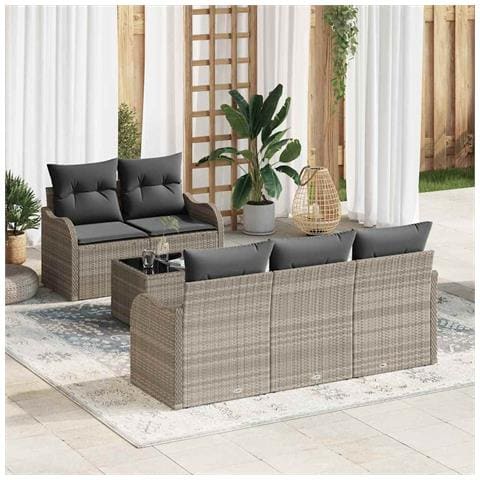 Set Divano da Giardino  6 Pezzi con Cuscini Grigio Chiaro Rattan Sintetico, Divano da Giardino  2 Posti con Ripostiglio e Cuscini Grigio Chiaro Rattan Sintetico - Foto 2
