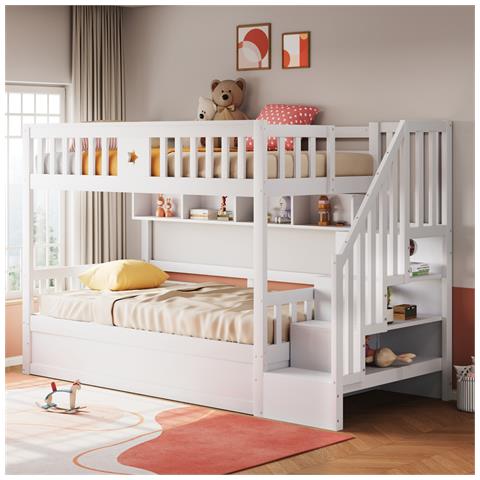 Letto Rialzato 90x200cm, Sotto Letto Idraulico, Con Scaletta E Ripiani, Letto A Castello, Letto Per Ragazzi, Legno Di Pino, Bianco - Foto 1