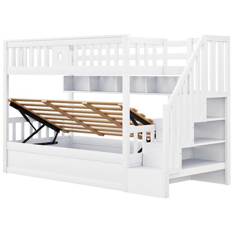 Letto Rialzato 90x200cm, Sotto Letto Idraulico, Con Scaletta E Ripiani, Letto A Castello, Letto Per Ragazzi, Legno Di Pino, Bianco - Foto 2