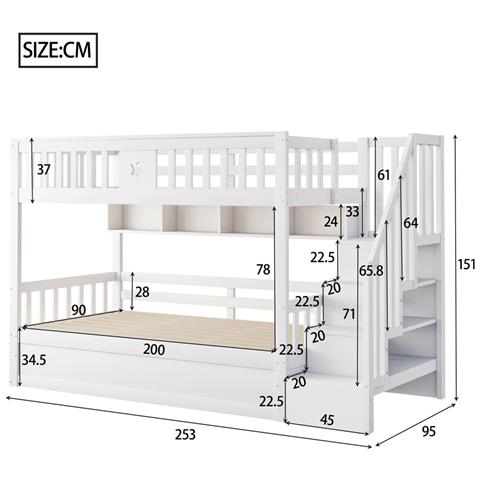 Letto Rialzato 90x200cm, Sotto Letto Idraulico, Con Scaletta E Ripiani, Letto A Castello, Letto Per Ragazzi, Legno Di Pino, Bianco - Foto 4