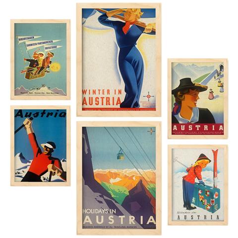 Set Di 6 Stampe Austria Illustrazioni A Colori Di Cartelloni Pubblicitari Turistici D'epoca Provenienti Da Tutto Il Mondo A3 & A4 Telaio In Legno Chiaro - Foto 1