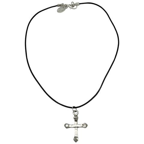 Collana In Pelle Nera E Croce In Argento 7-10 Micron - Foto 1