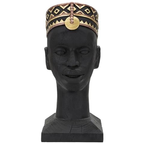 Scultura Uomo Masai Busto In Resina Nera Con Copricapo Decorato - Foto 1