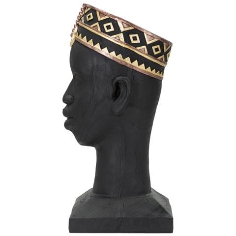 Scultura Uomo Masai Busto In Resina Nera Con Copricapo Decorato - Foto 2