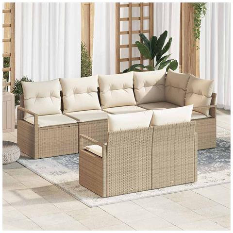 Set di divani da giardino 7 pezzi con cuscini in beige e polyrattan, Divano da giardino 2 posti con cuscini in beige e polyrattan - Foto 2