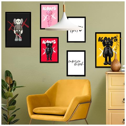 Set Di 6 Stampe Messaggio Iconico Di Kaws Incorniciato Con Illustrazioni Di Design Per Le Pareti Della Tua Casa Camera Ufficio A3 & A4 Cornice Nera - Foto 1