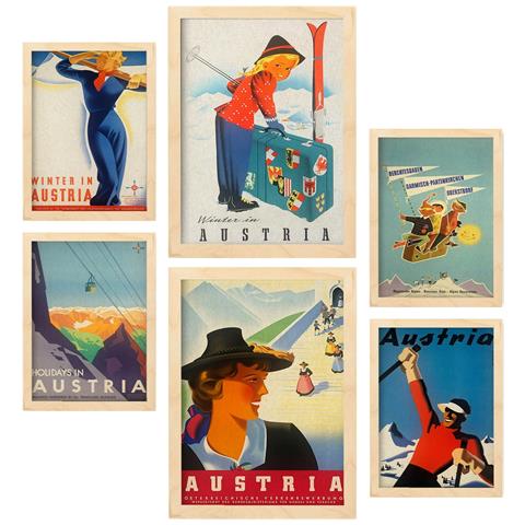 Set Di 6 Stampe Austria 2 Illustrazioni A Colori Di Cartelloni Pubblicitari Turistici D'epoca Provenienti Da Tutto Il Mondo A3 & A4 Telaio In Legno Chiaro - Foto 1