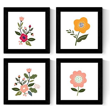 Set Di 4 Stampe Fogli Di Forma Quadrata Con Le Illustrazioni Di Fiori Vistosi Rosa E Le Arance Nordico Stile Scandinavo, Cornice Nera 30x30 Cm - Foto 1