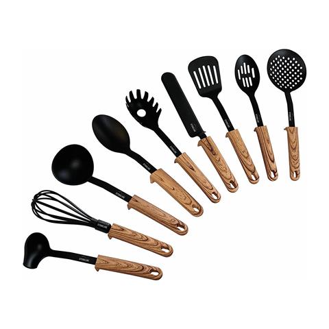 Back To Nature 17898 Set Di Utensili Da Cucina, Manico Materiale In Simil Legno, 9 Pezzo (i), Resistente Alla Lavastoviglie, Nero / aspetto Legno - Foto 4