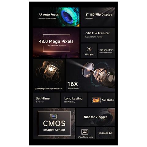 Fotocamera Digitale Da 48 Mp, Hd 1080p, Zoom 16x, Schermo Ribaltabile, Scheda Di Memoria Da 32 Gb - Foto 12