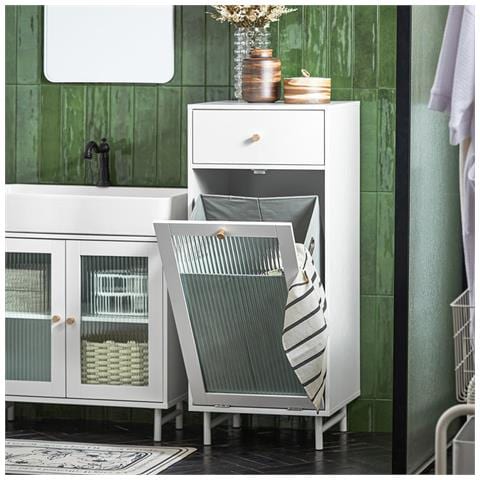 Mobile Lavanderia Con Portabiancheria Apribile Cesto Portabiancheria Con Anta In Vetro Mobile Bagno Biaco 40x40x96cm Bzr116-w - Foto 5