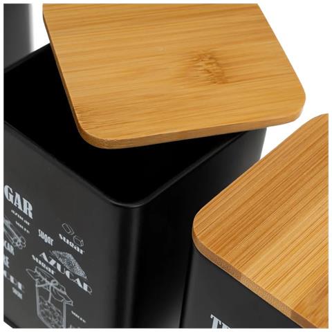 Set Da 4 Pezzi Per Pane, Caffè, Zucchero E Tè,contenitori Per Alimenti In Bambù E Metallo Laccato A Polvere (nero) - Foto 2