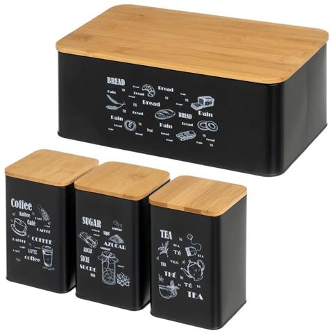 Set Da 4 Pezzi Per Pane, Caffè, Zucchero E Tè,contenitori Per Alimenti In Bambù E Metallo Laccato A Polvere (nero) - Foto 1