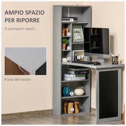 Scrivania PC Pieghevole con Libreria a 9 Ripiani in Legno e Metallo, 98x51x153 cm, Grigio - Foto 2