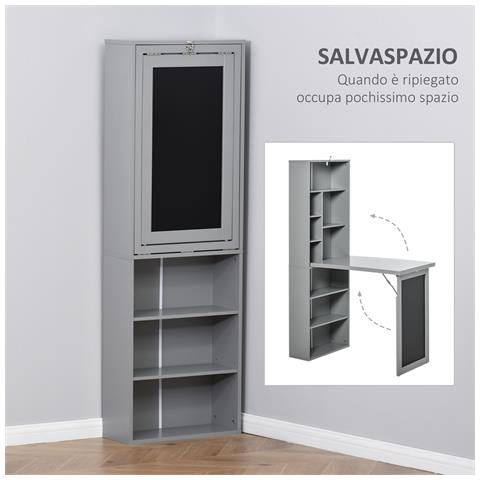 Scrivania PC Pieghevole con Libreria a 9 Ripiani in Legno e Metallo, 98x51x153 cm, Grigio - Foto 6