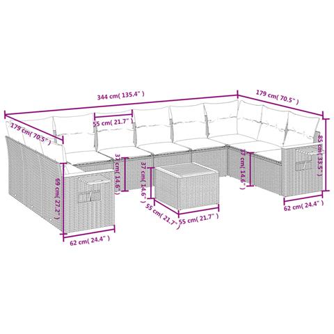 Set Divani da Giardino 11 pz con Cuscini in Polyrattan Nero - Foto 3